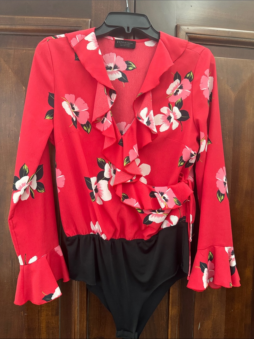 ZARA Red Floral Ruffle Wrap Bodysuit with Black Bottom